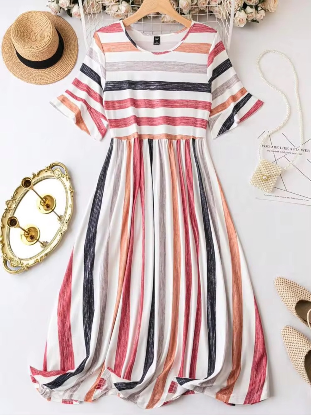 SHEIN Striped Midi Dress in White, Tan, Coral, Rust & Navy